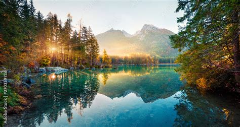 Amazing Autumn Sunrise Of Hintersee Lake Picturesque Morning View Of