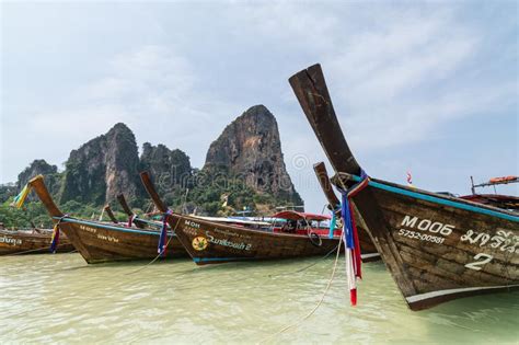 Krabi Thailand March 2019 Long Tail Wooden Boats Moored At Railey
