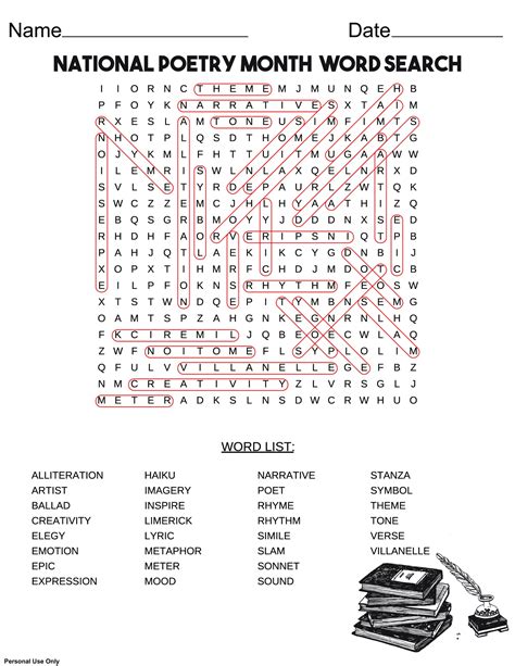 National Poetry Month Word Search Free Printable Pdf