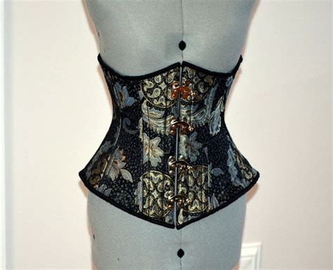 Steel Boned Underbust Steampunk Corset From Brocade With Golden Pattern With Steampunk Hooks