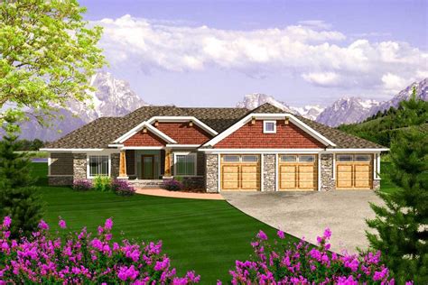Craftsman house designs typically use multiple exterior finishes such as cedar shakes, stone and shiplap siding. Craftsman Ranch With 3 Car Garage - 89868AH ...