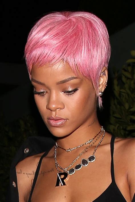 Rihanna Straight Pink Pixie Cut Uneven Color Hairstyle Steal Her Style