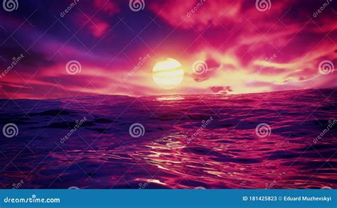 Red Beautiful Sunset Over Ocean With Red Sky And Amazing Sea With Waves