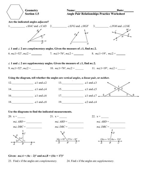 Geometry Section 15 Angle Pair Relationships Practice