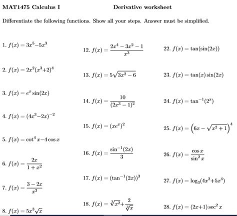 Solved Mat1475 Calculus I Derivative Worksheet Differentiate