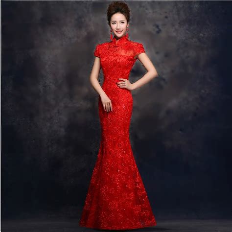 Red Lace Long Cheongsam Qipao Dress Traditional Chinese Dresses Bride