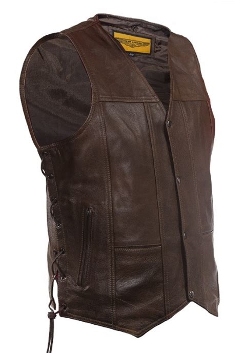 Mens Side Lace Brown Leather Vest With Gun Pockets