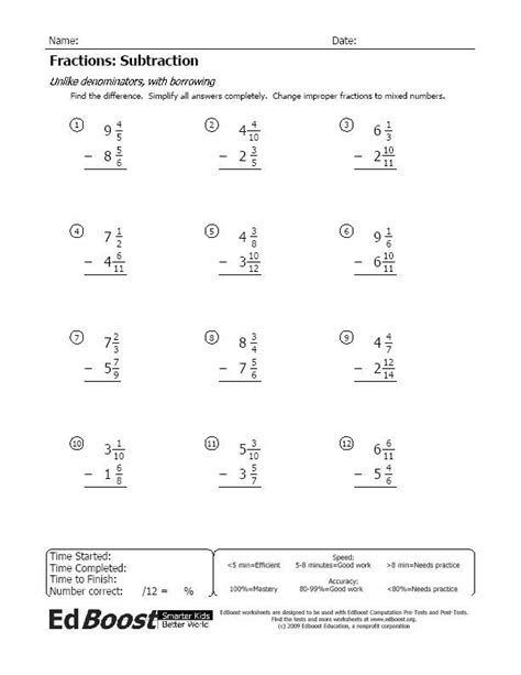 Subtracting Mixed Numbers With Borrowing Worksheets