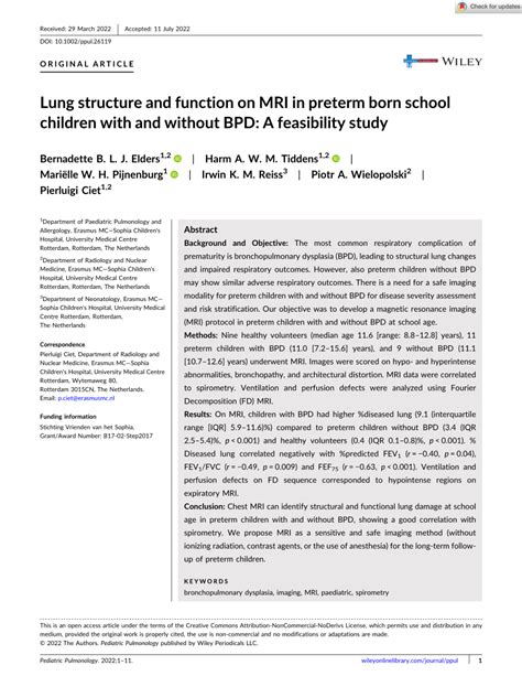 Pdf Lung Structure And Function On Mri In Preterm Born School
