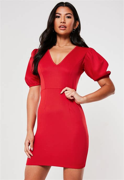 Red Puff Sleeve V Neck Bodycon Mini Dress Missguided