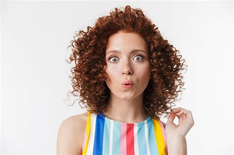 Premium Photo Portrait Of Amazed Redhead Curly Woman 20s Wearing