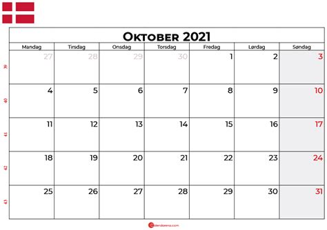 Download Oktober 2021 Kalender Med Helligdage Gratis