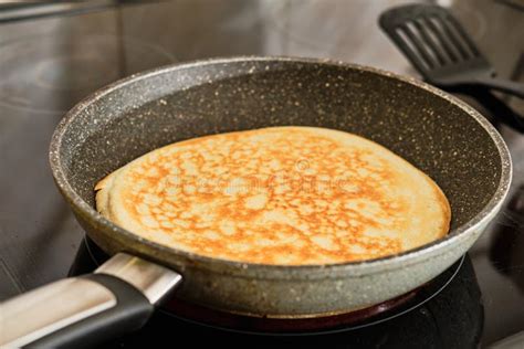 Cooking Pancake On Frying Pan Stock Photo Image Of Circle Closeup