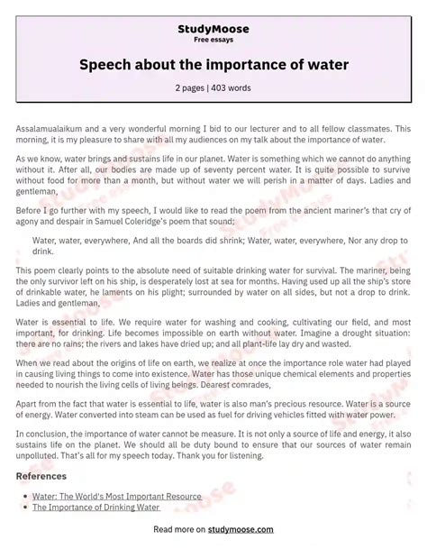 Speech About The Importance Of Water Free Essay Example