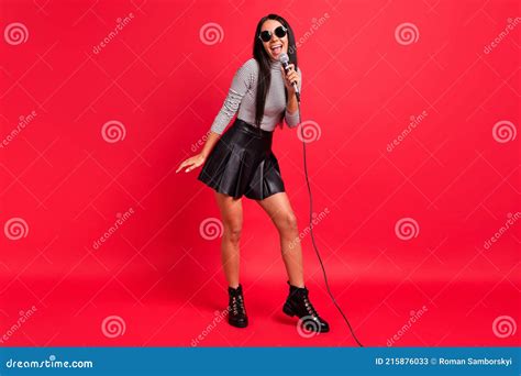 Full Size Photo Of Attractive Nice Pretty Lady Hold Microphone Singer