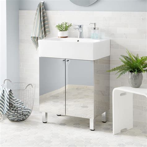 Dog shower with subway tiles, concrete countertop, stainless steel fixtures, and slate flooring. 24" Showcase Series Stainless Steel Vanity - Polished ...