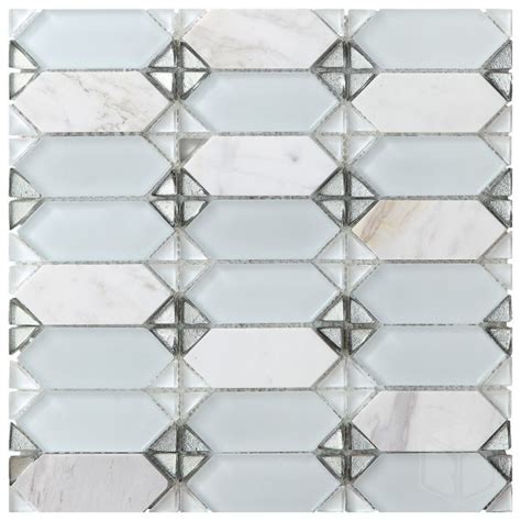 Vintage White Elongated Hexagon Pattern Glass And Marble Mosaic Tile