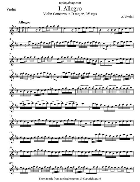 Vivaldi Violin Concerto In D Major I Allegro Violin Sheet Music