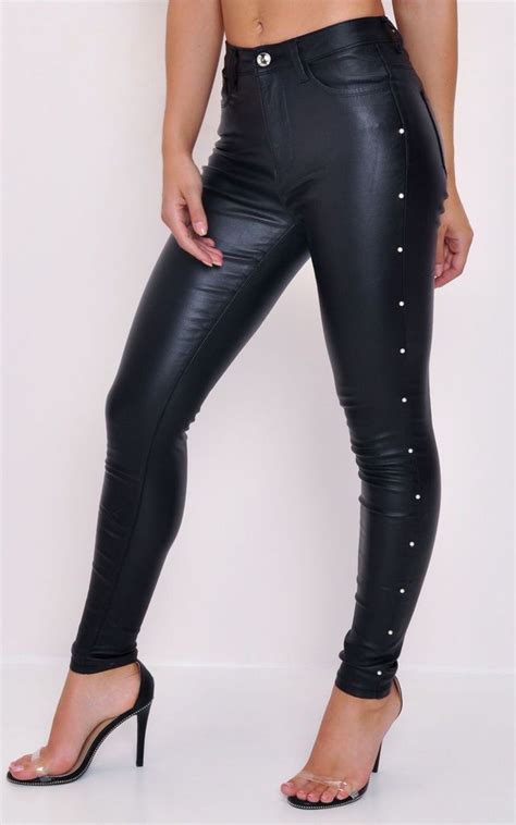Faux Leather Jeans Pearl Embellished Wet Look Trousers Black By LILY