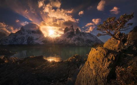 Nature Landscape Mountains Sunset Chile Torres Del Paine Lake