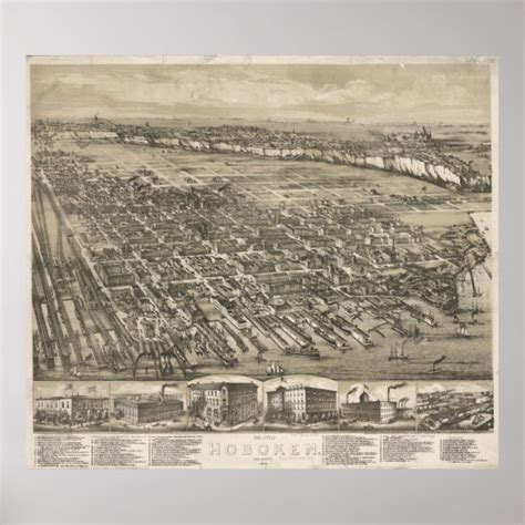 Vintage Pictorial Map Of Hoboken Nj 1881 Poster