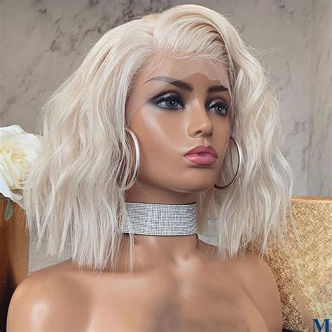 Lightest Blonde Platinum Bob Short Human Hair Wigs Density X Lace