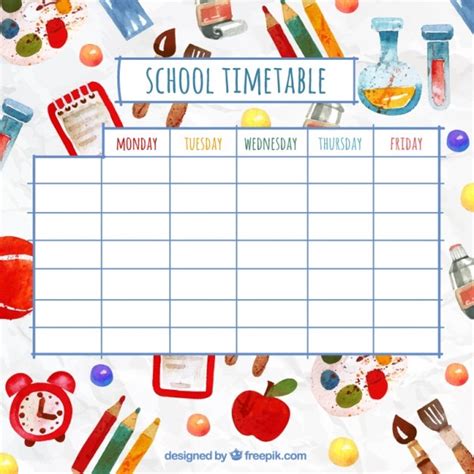 Funny School Timetable With Watercolor Elements Vector Free Download
