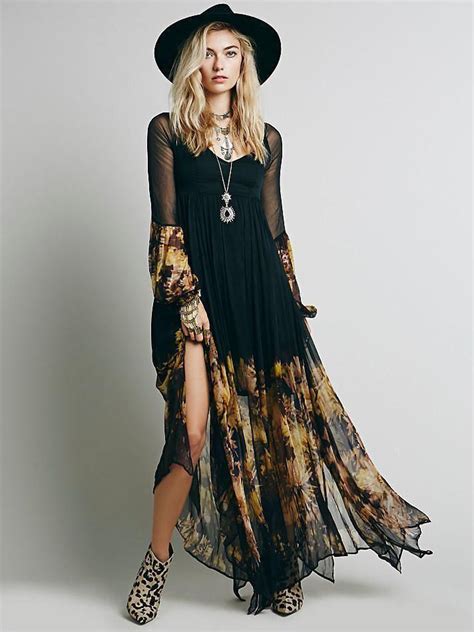 elegant chiffon floral printed ruched maxi dress boho dresses long black boho dress long