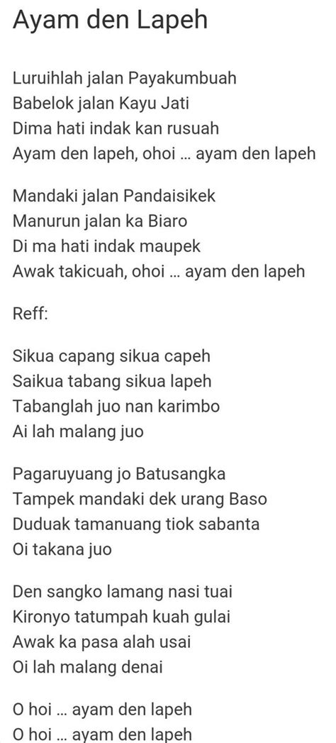 Bagi anda yang tertarik menyanyikan lagu ayam den lapeh ini, yuk kita intip lirik lagunya dibawah ini agar tidak salah ketika menyanyikannya. Teks Lagu Kampuang Nan Jauh Di Mato - Berbagai Teks Penting