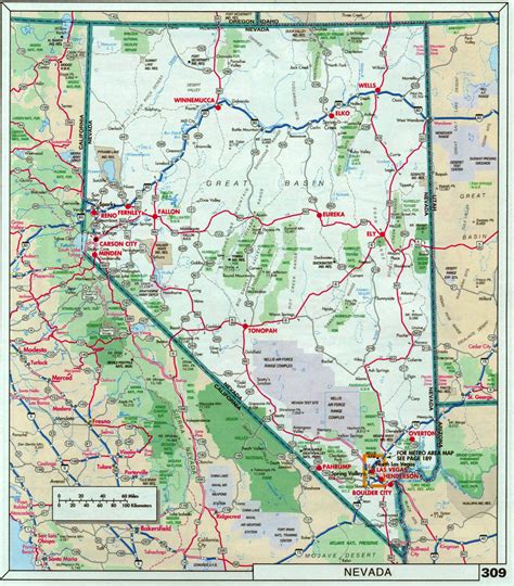 Large detailed roads and highways map of Nevada state with national