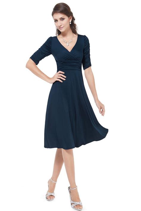 navy blue v neck 3 4 sleeve high stretch short casual dress 34 as03632nb