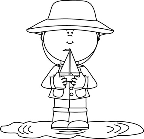 Black and White Boy in Rain Puddle with Toy Boat Clip Art - Black and White Boy in Rain Puddle ...