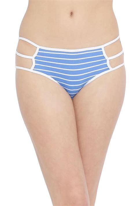 Buy Mid Waist Striped Hipster Panty With Cage Sides In Light Blue