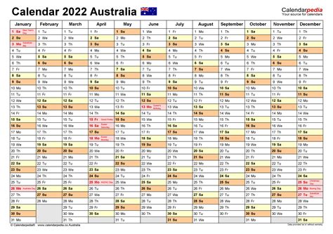 Australia Calendar 2022 Free Printable Word Templates
