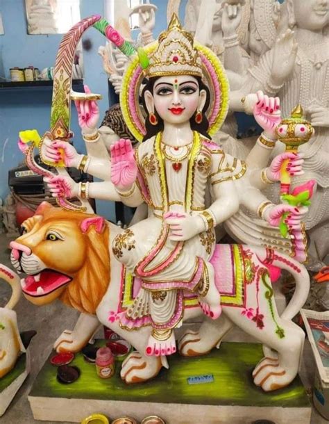 White Painted Durga Mata Marble Murti Statue For Temple Size 3 Feet