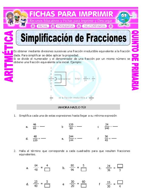 Simplificación De Fracciones Para Quinto De Primaria Fracción