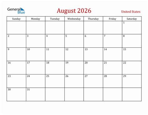 August 2026 Monthly Calendar With United States Holidays
