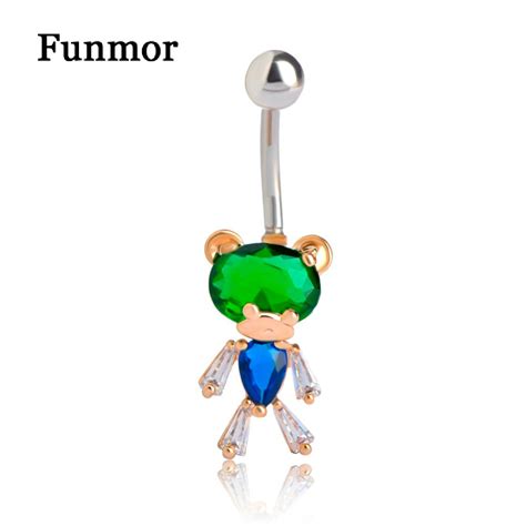 Funmor New Cubic Zircon Bear Shape Navel Belly Button Rings Stainless