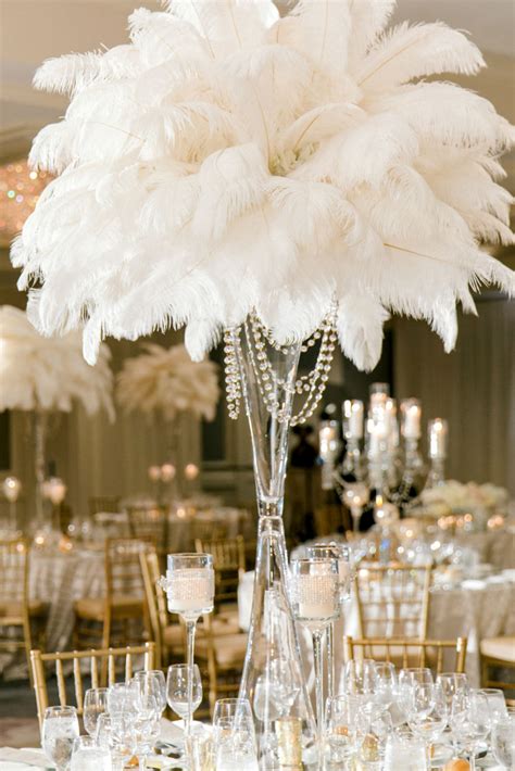 Tall Glamorous Wedding Centerpiece Of White Ostrich Feathers And