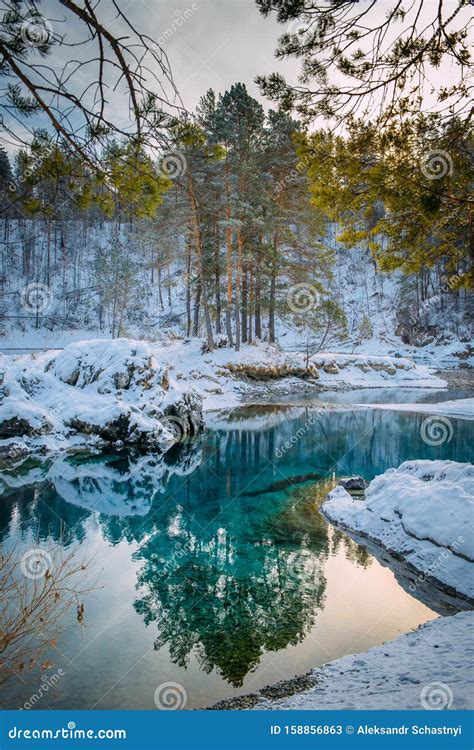 Winter Landscape Small Turquoise Lake In The Mountains Among Snow