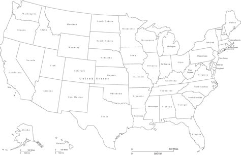 United States Black And White Map With State Areas And State Names