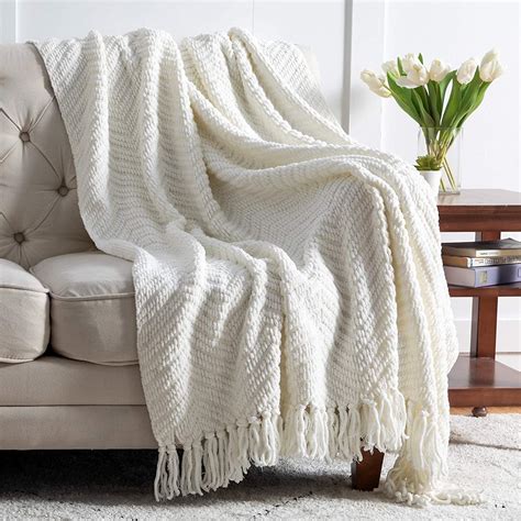 bedsure throw blanket for couch cream white versatile knit woven chenille blanket
