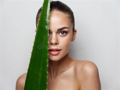 green leafy face of a beautiful woman and bare shoulders clear skin model stock image image of