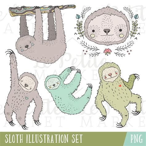 Sloth Clipart Illustration Set Cute Sloths For Scrapbooking Etsy