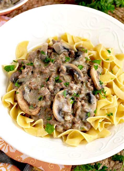Recipe submitted by sparkpeople user kahlgren. Top view of beef stroganoff topping egg noodles | Beef ...