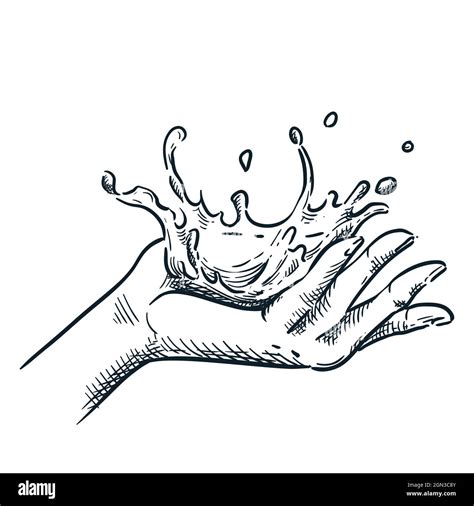 Clean Water Splash On Human Hand Vector Hand Drawn Sketch Illustration