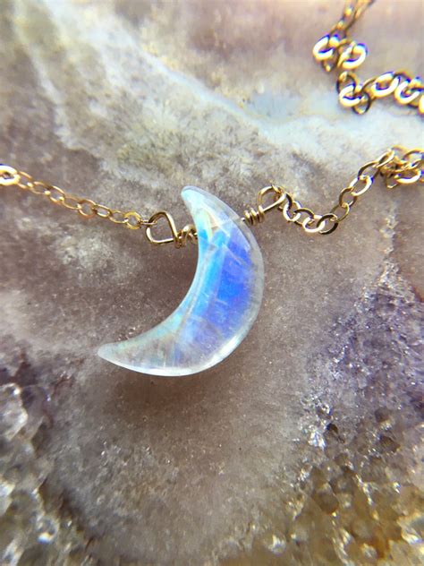 Moonstone Crescent Moon Necklace Rainbow Moonstone Jewelry Etsy