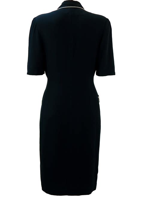 Navy Blue Double Breasted Midi Dress With White Piping And Decorative Buttons M Reign Vintage