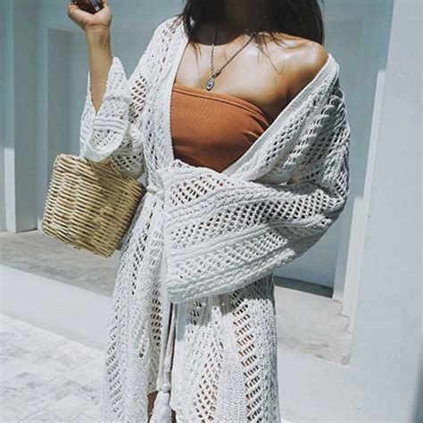 summer knitting beach cover up cardigan women blouse long sleeve tops 2018 sexy crochet swimwear