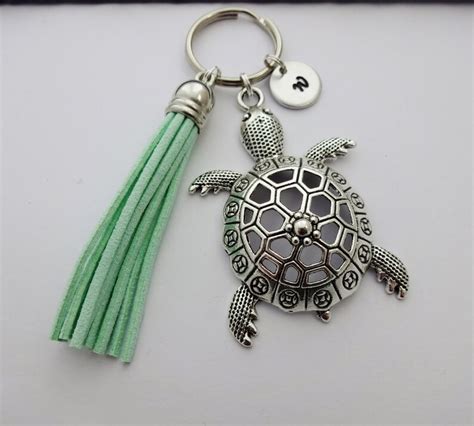 Tassel Keychain Turtle Keyring Initial Keyring Turtle Etsy
